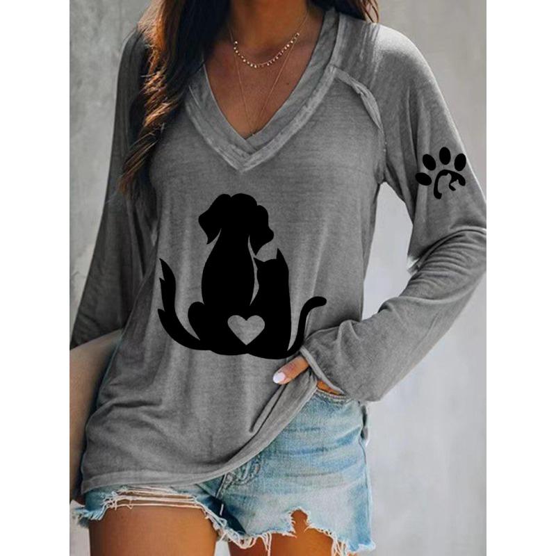 Ilstile Women's Lovely Dog Cat Print T-Shirts Spring Summer Long Sleeve Casual Loose V Neck Tops Blue Green Tees New Arrival