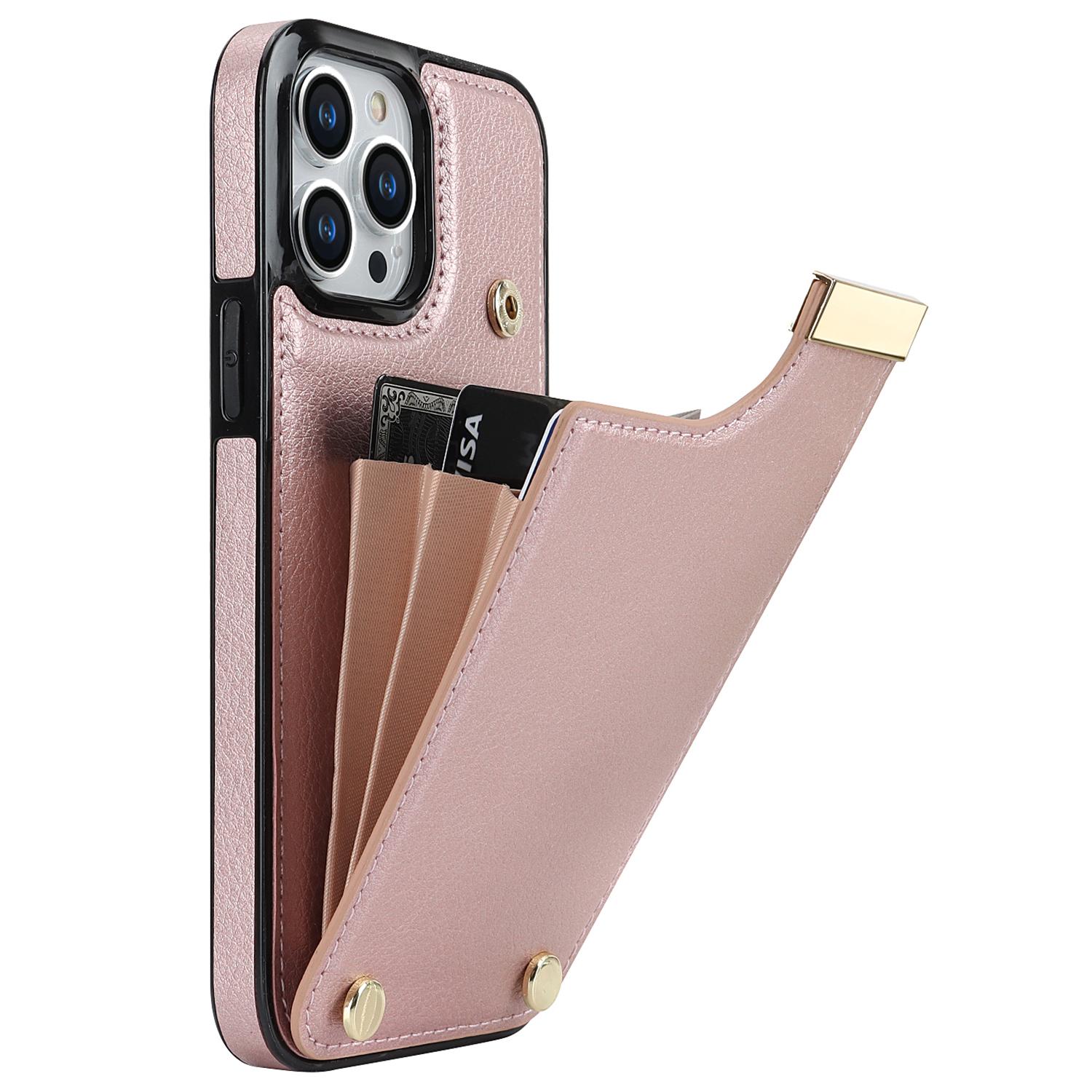 

For iPhone 15 Pro Cell Phone Case TPU+PU Leather+Metal Phone Cover with Card Holder Rose Gold