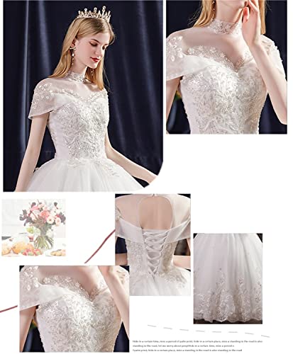 [Housaku Co., Ltd.] Wedding Dress, High Neck, French Sleeves, Long Length, Princess Line, Elegant, Premium Dress, Lace-up, Pure White, Bridal Dress (2