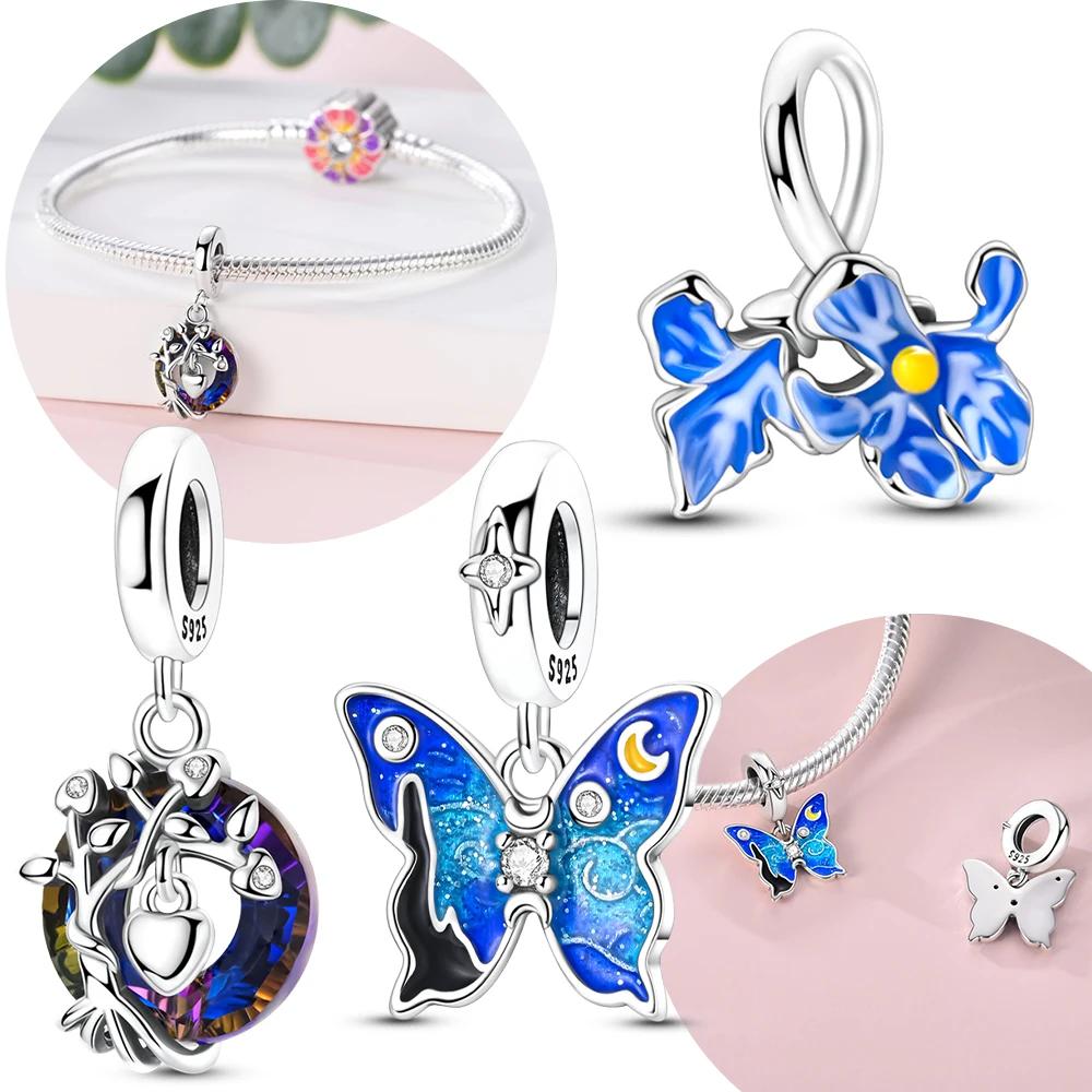 Original Copper Blue Iris Flower Pendant Butterfly Starry Sky Heart Beads Fit Bracelet Women Jewelry Diy Anniversary Gift