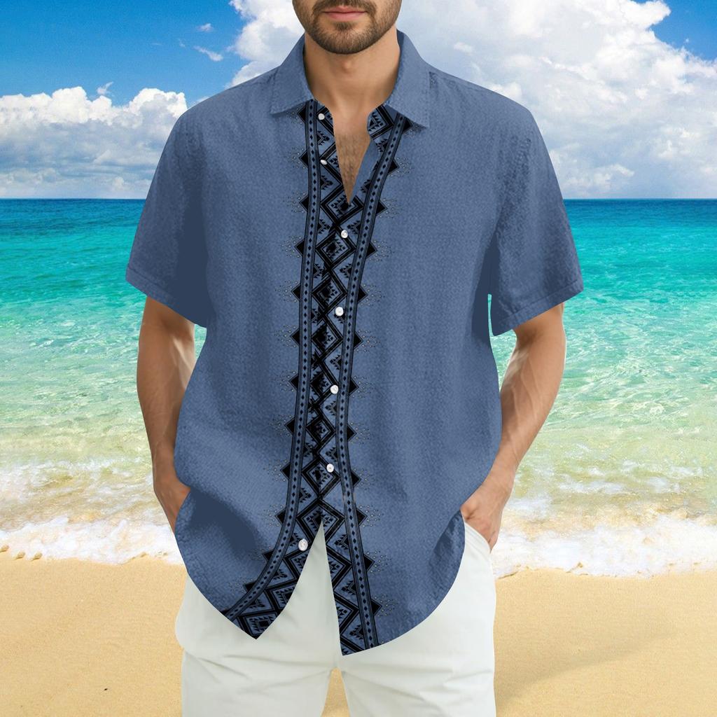 Men's Fashionable Casual Loose Striped Printed Beach Short-sleeved Shirt