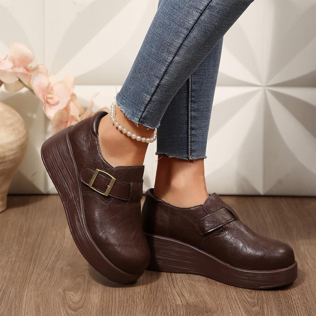 Women's Platform Loafers with Round Toe and Buckle Strap Slip-On Design Comfortable Thick Sole Casual Shoes for Daily Wear