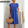 IHUASU Women's Fashion Summer Spring Solid Color Print O-Neck High Waist Casual Dresses
