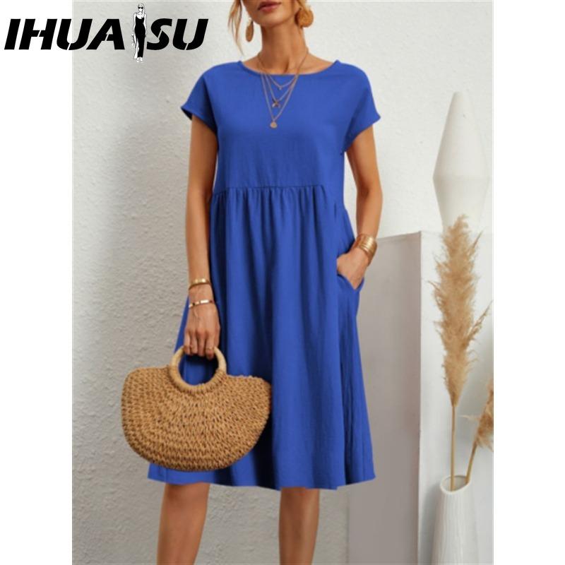 IHUASU Women's Fashion Summer Spring Solid Color Print O-Neck High Waist Casual Dresses