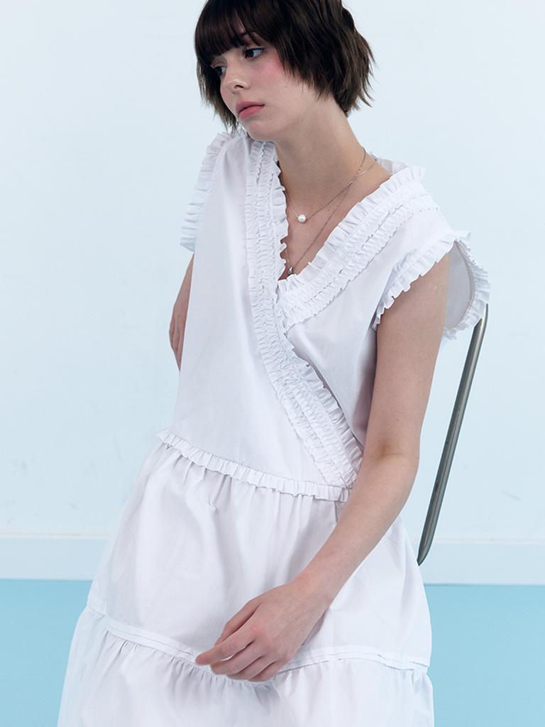 CLO'ET V-Neck Frill Sleeveless Dress - White