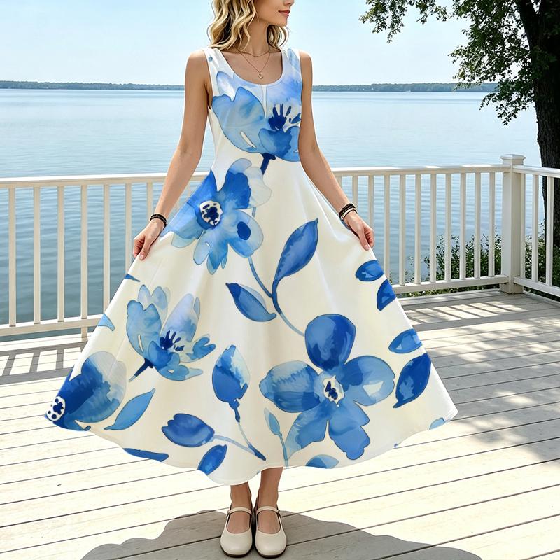 Sleeveless Blue White Fresh Floral Maxi Dress,Lightweight Flowy Full Skirt,Floor-Length,Casual Elegant Dress for Vacation & Home Wear