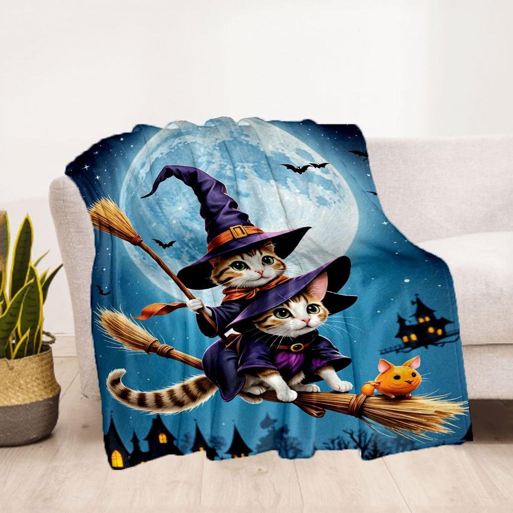 Halloween Witch Cats on Broomstick Wall Art PrintBlanket Flannel Throw Blanket for Sofa, Bed, Travel, Camping, Office, Couch, Chair