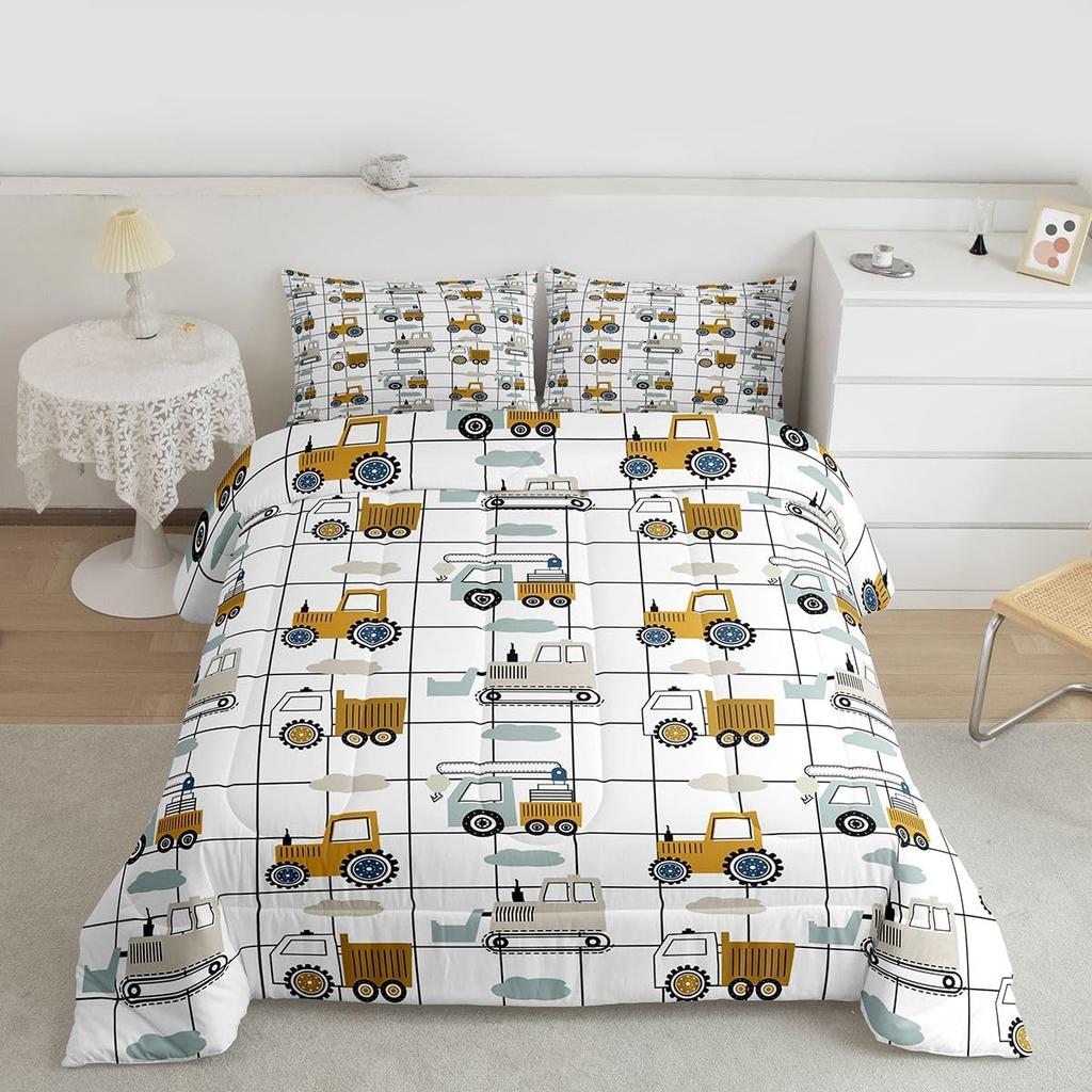 Feelyou Cartoon Car Kids Comforter Set Construction Bedding Set for Boys Toddler Decor Equipment Trucks Comforter Cartoon Car Excavator Trac