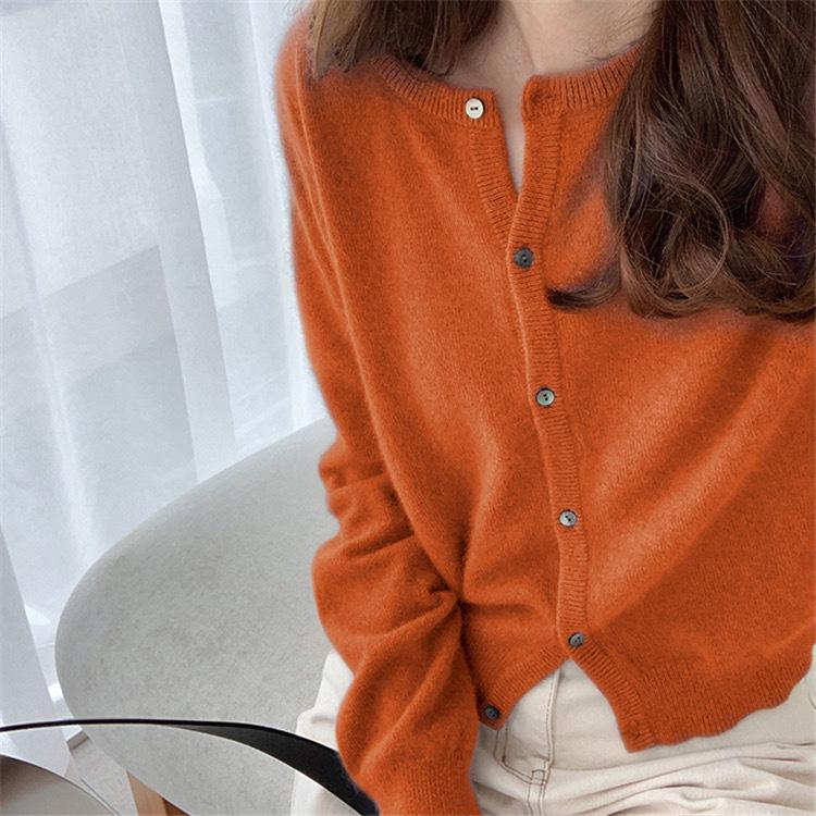 Women's Mustard Green Raccoon Fur Knit Cardigan - Soft, Fluffy Autumn Outerwear, Round Neck Sweater Coat for a Refined Look.