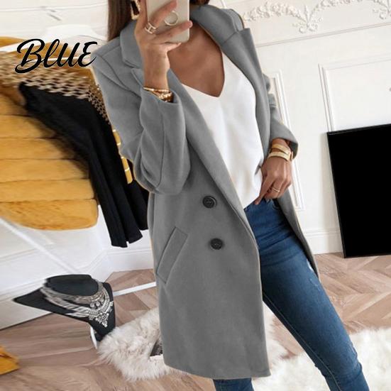 Solid Color Fashion Overcoat Coat Slim Fit Sleeve Lapel Women Long Pocket Button