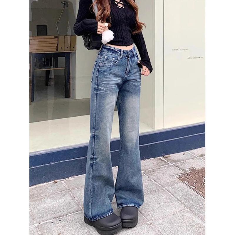 Womens High Waist Vintage Wash Flare Jeans Y2K Low Rise Bootcut Denim Trousers Streetwear