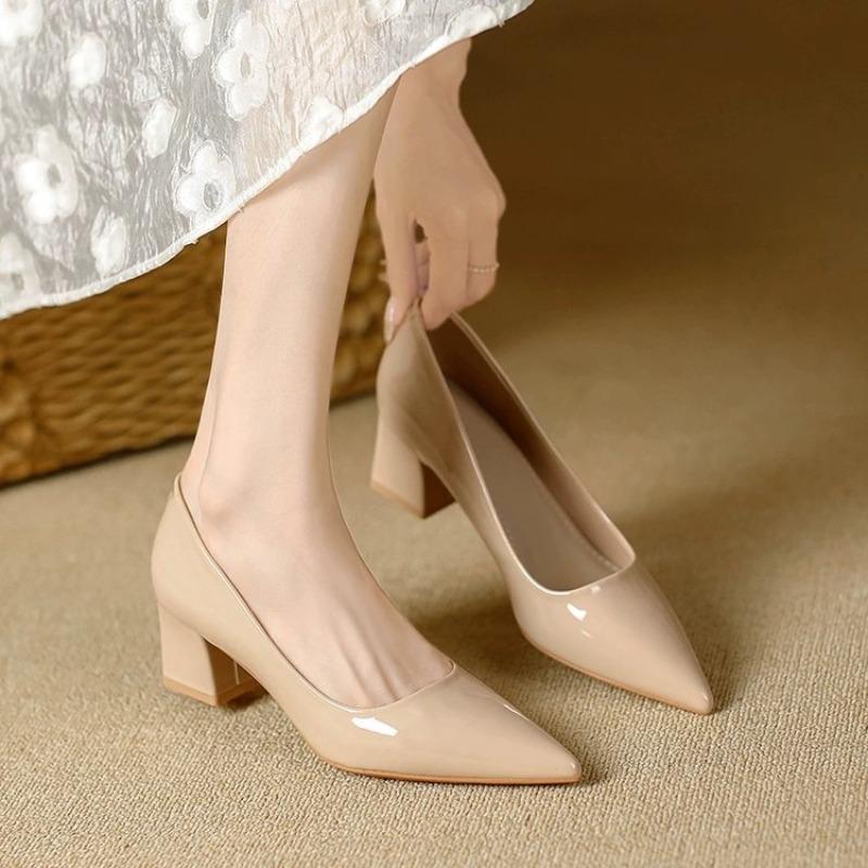 Fashion Square Heel Patent Leather Shoes Women PumpsSole Work Pointed Toe