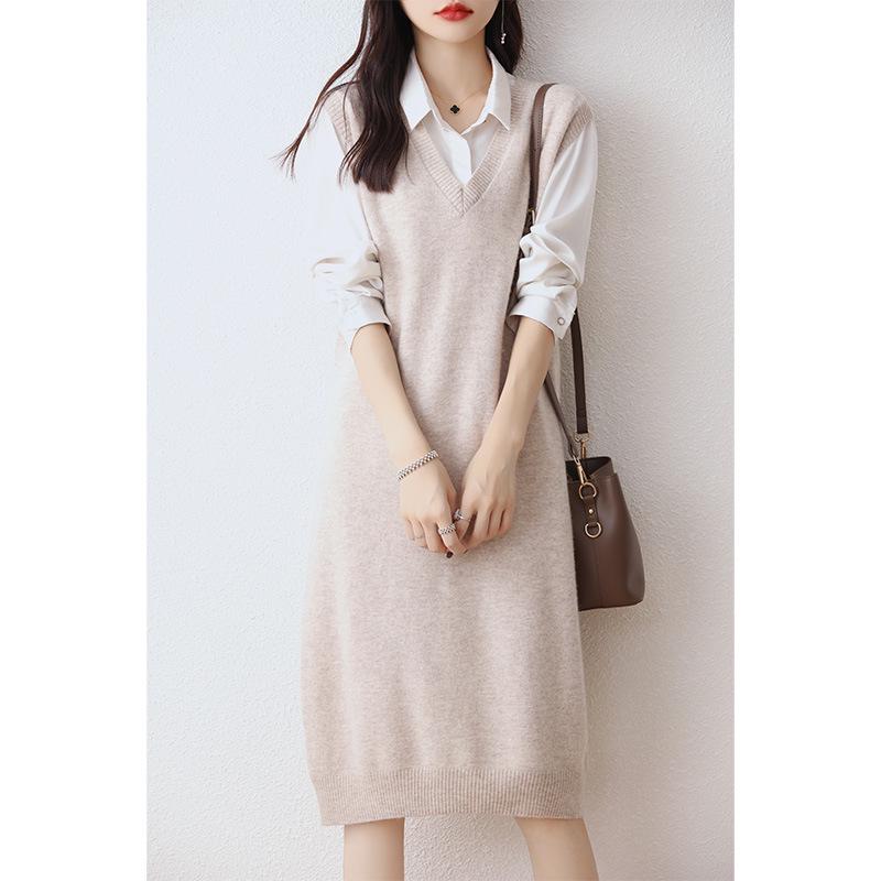 Women's 100% Wool V-Neck Sleeveless Knitted Vest Dress - Long Cardigan Style