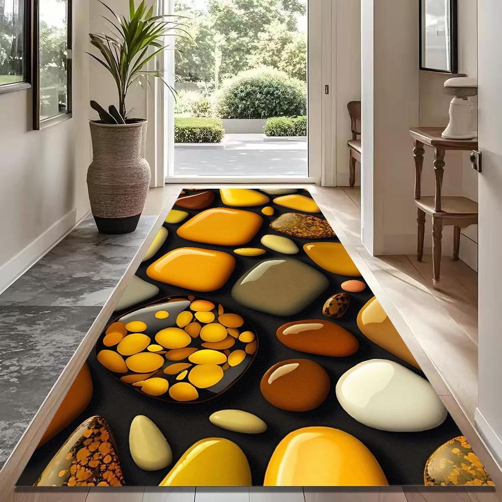 3D Glossy Yellow Pebble Runner Rug, Black Background Smooth Stone Long Hallway Mat Non Slip Washable Entryway Carpet