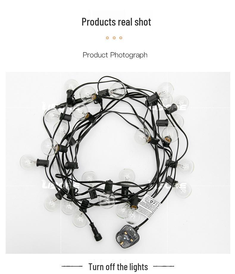 UK/US Standard G40 String Lights, 25 Clear Tungsten Filament, 220V, Indoor/Outdoor Decorative Lighting for Weddings and Christmas