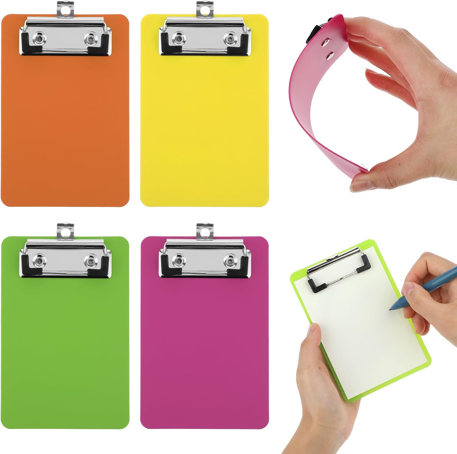 Bewudy Lot de 4 Mini Presse-papiers 10 x 15 cm Format Lettre en Plastique avec Pince à Profil Bas pour Salle de Classe Bureau