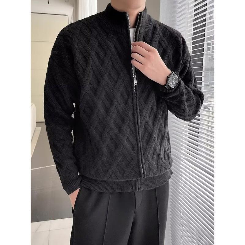 Mens Half Turtleneck Knit Cardigan With Cable Twist Loose Fit Casual Sweater Winter Daily Wear