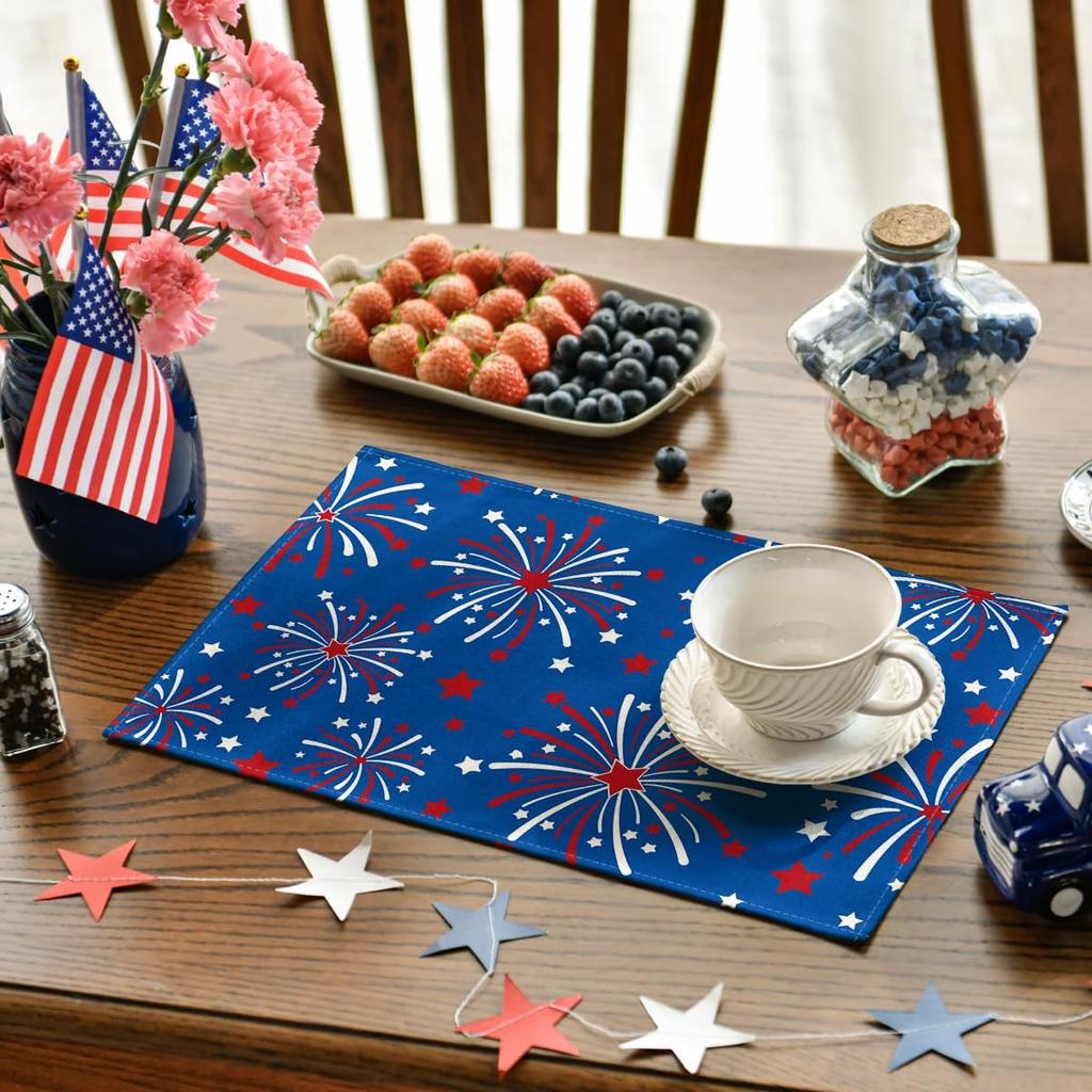 4/6pcs Blue Fireworks Stars 4Th of July Placemats, Memorial Day Patriotic Table Mats for Party Kitchen Dining Decoration 12X18 Inch