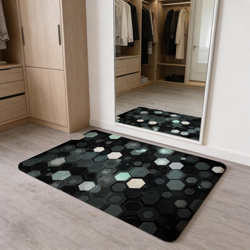 Abstract Hexagon Pattern Floor Mat Flannel Door Mat Non-Slip Absorbent Washable Indoor Home Rug