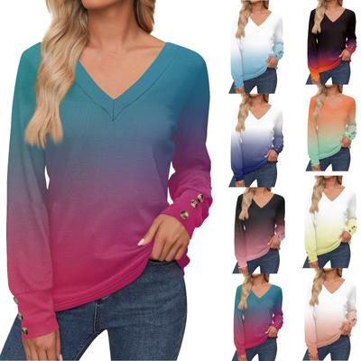 Women's Tops Gradient Printed Long Sleeve Shirt V Neck Casual Loose T-Shirt Autumn Clothing