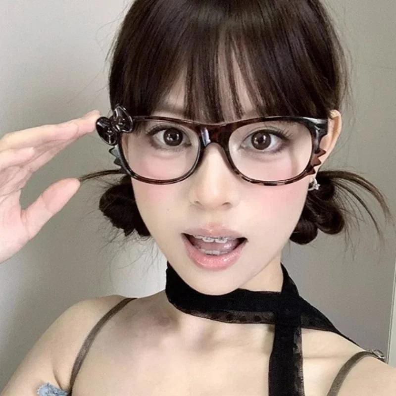 Y2k Leopard Print Bow Glasses Retro Korean Anti Blue Light Eyewear Eye Protection Girl Optical Frame