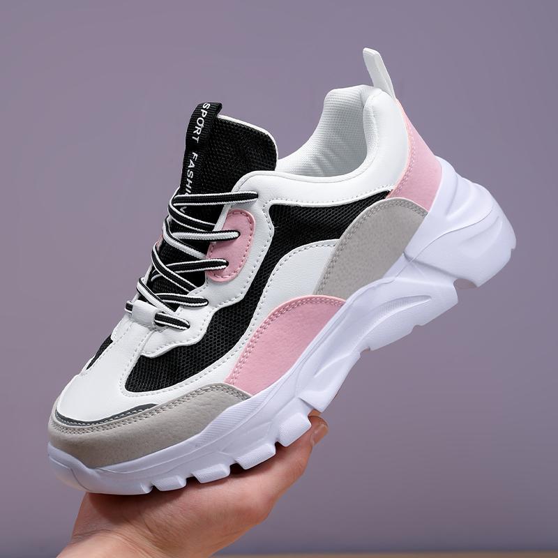 2025 Chunky Sneakers Men Mesh Leather Platform Shoes Mixed Colors Lace-Up Lady Trendy Trainers Thick Sole Men Casual Shoes