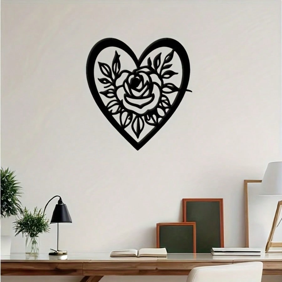 Metal Wall Art Heart Rose Floral Design Black Iron Decor Romantic Gift Home