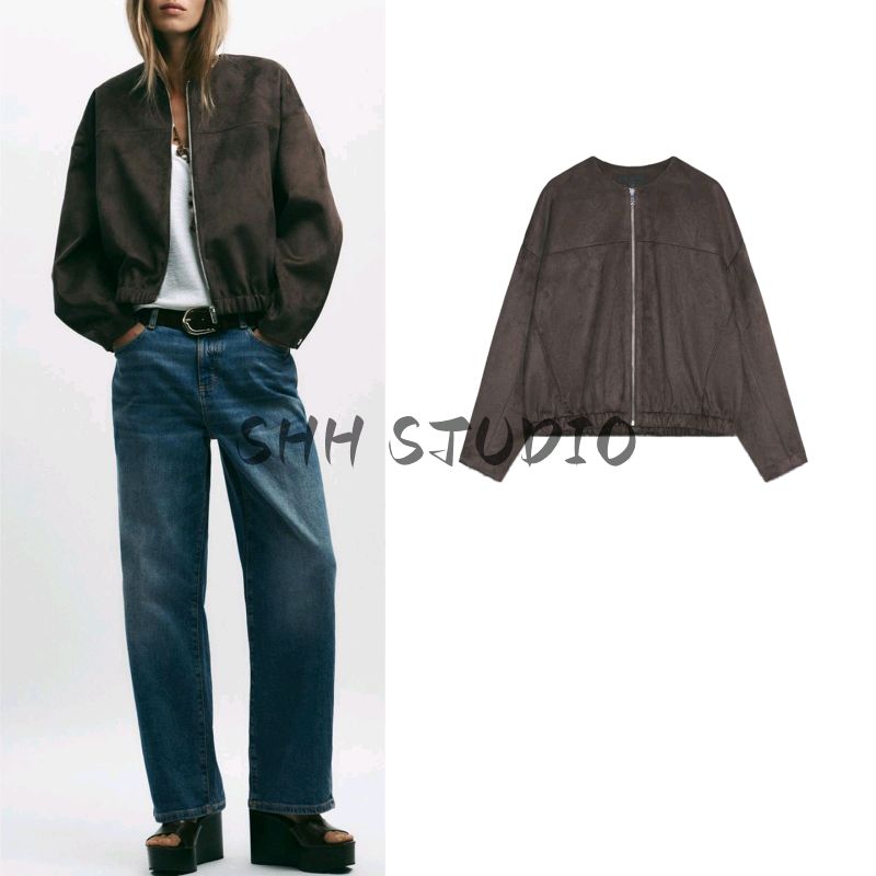 Autumn New Women Clothes Western Style Round Neck Long Sleeve Zip-up Suede Effect Jacket 6318256