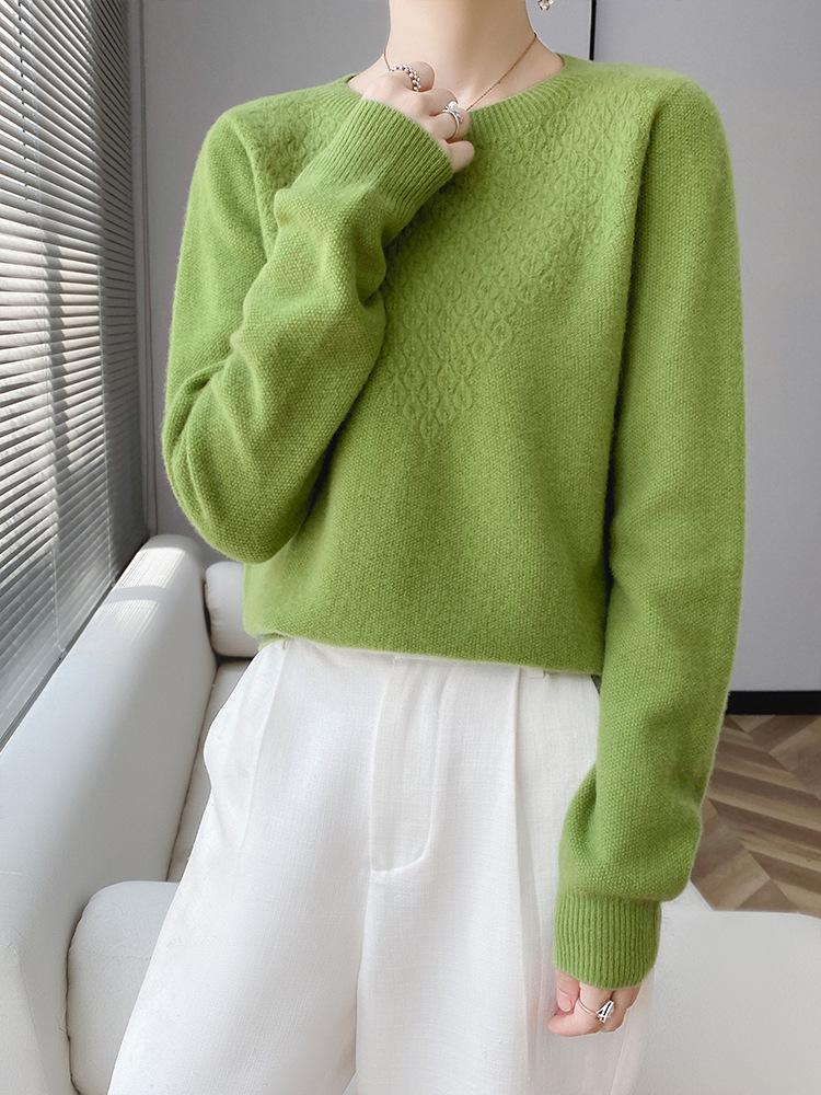 Women's Stylish Wool Cashmere Sweater - Round Neck, Loose Fit, Hollow Design, Autumn/Winter Base Layer.