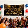 Happy New Year Backdrop, 72 x 44 Inch Large Happy New Year Banner 2026 Black Gold Background Banners for New Years Decorations 2026