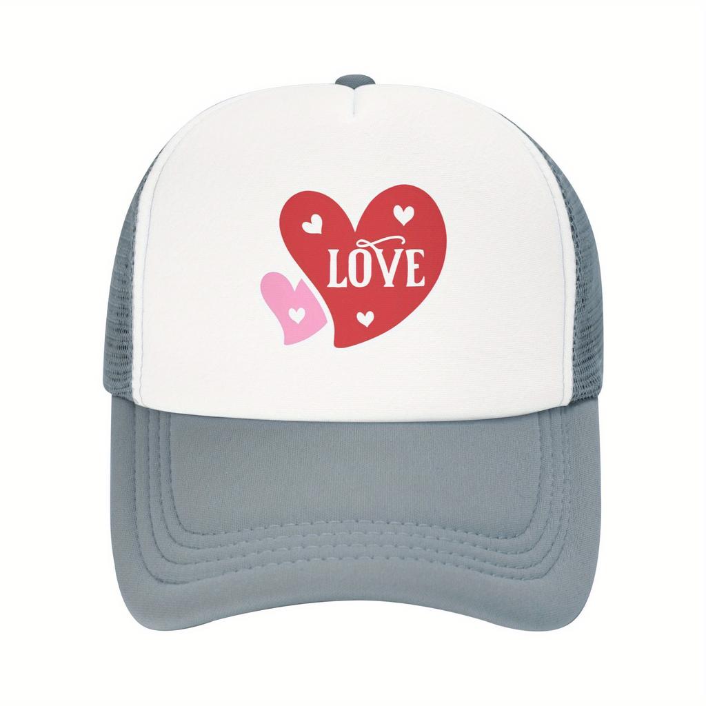Love Heart Graphic Mesh Trucker Hat Polyester Casual Adjustable Snapback Baseball Cap for Men Women