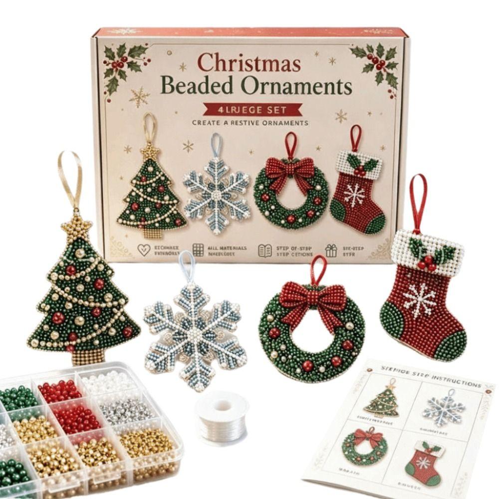 Christmas Themed Christmas Beaded Ornaments Kit 4-Piece Set Beading DIY Kit Christmas Decoration
