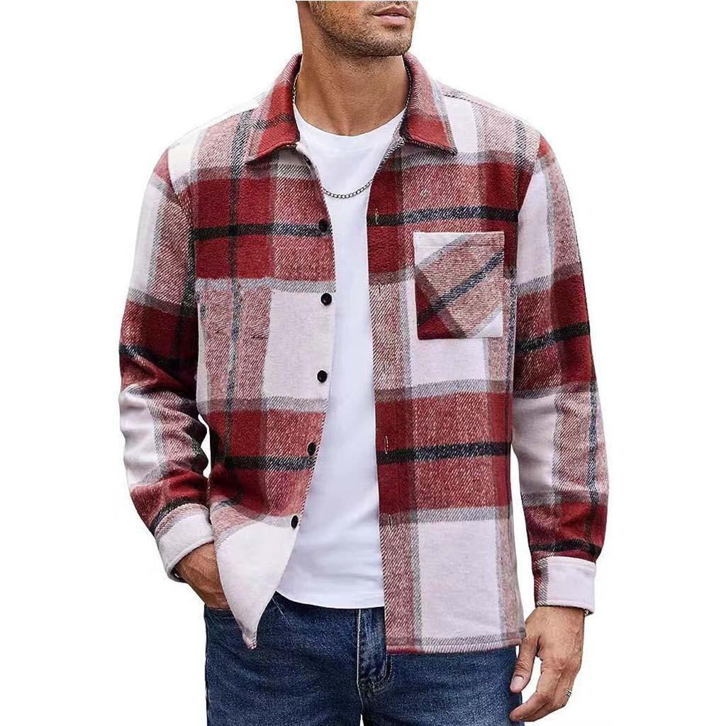 Men's Plaid Spring and Autumn Long-sleeved Shirt Jacket Furry Cardigan Shirt