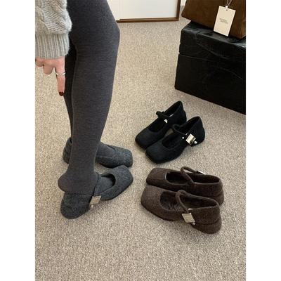 Gray Mary Jane Fluffy Shoes Women's Winter Wear Retro Woolen Thick Heel Single Shoes Women's Velvet High Heels