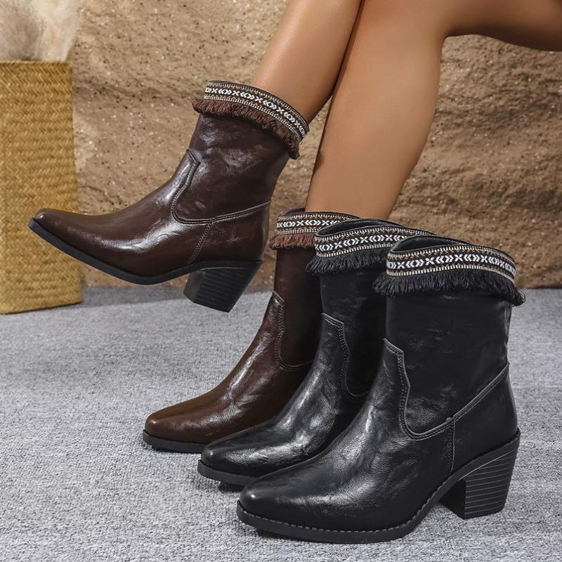 Cross-border Foreign Trade Large Size Boots Women's New Thick Heel Medium Heel Short Boots Pleated High Heel Round Head Western Cowboy Boots