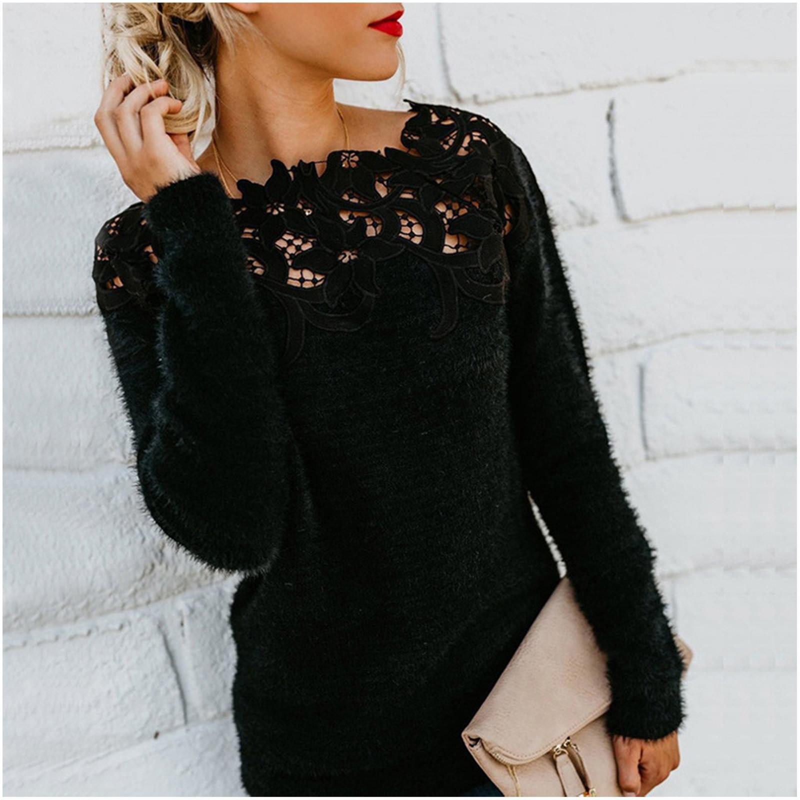 

Women s Fashion Casual Solid Color Lace Stitching One-neck Lace Long-sleeved Sweater XL