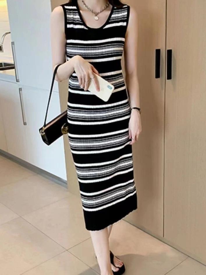 New striped knitted dress French design sense temperament thin sleeveless vest skirt medium and long versatile