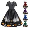 Damska sukienka na imprezę halloweenową Hollow Lace Round Neck Retro A-line Big Hem Haunted House Bat Printed Short Sleeves Cosplay Evening Dress