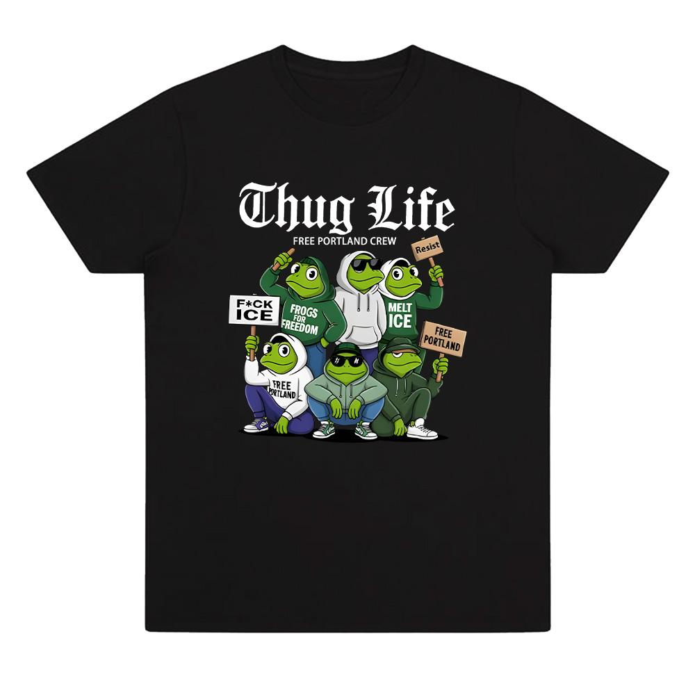 Thug Life Portland Frog Protest Comfort T Shirt Resist Frog Unisex T-Shirt Men Women Cotton  Tees Meme Frog Print Clothes Casual XS