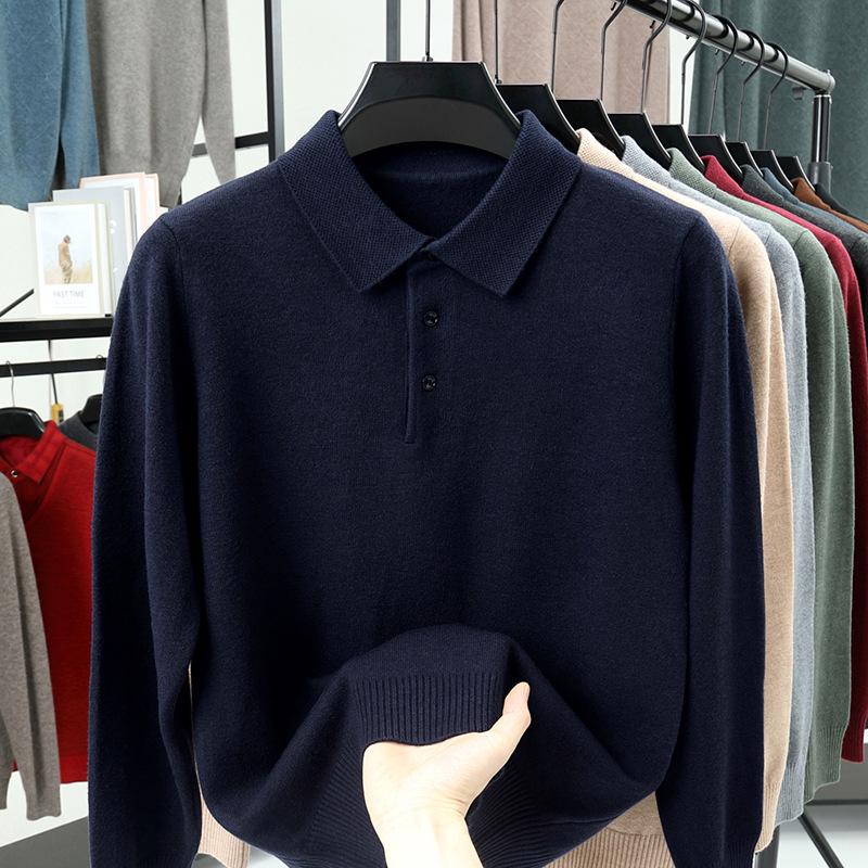 Dicke Strickwaren für Herren: Einfarbiger Pullover mit Revers, Warmes Langarm-Oberteil für Herbst/Winter