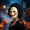 Unique Halloween Outfit Addition Horror Latex Mask, Scary Clown Face Headpiece with Black Hair Spooky Blood Stained Mask for Adults Wig, Breathable