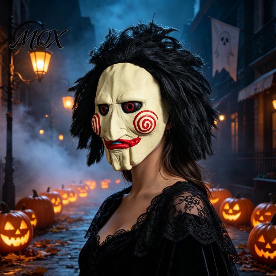 Unique Halloween Outfit Addition Horror Latex Mask, Scary Clown Face Headpiece with Black Hair Spooky Blood Stained Mask for Adults Wig, Breathable