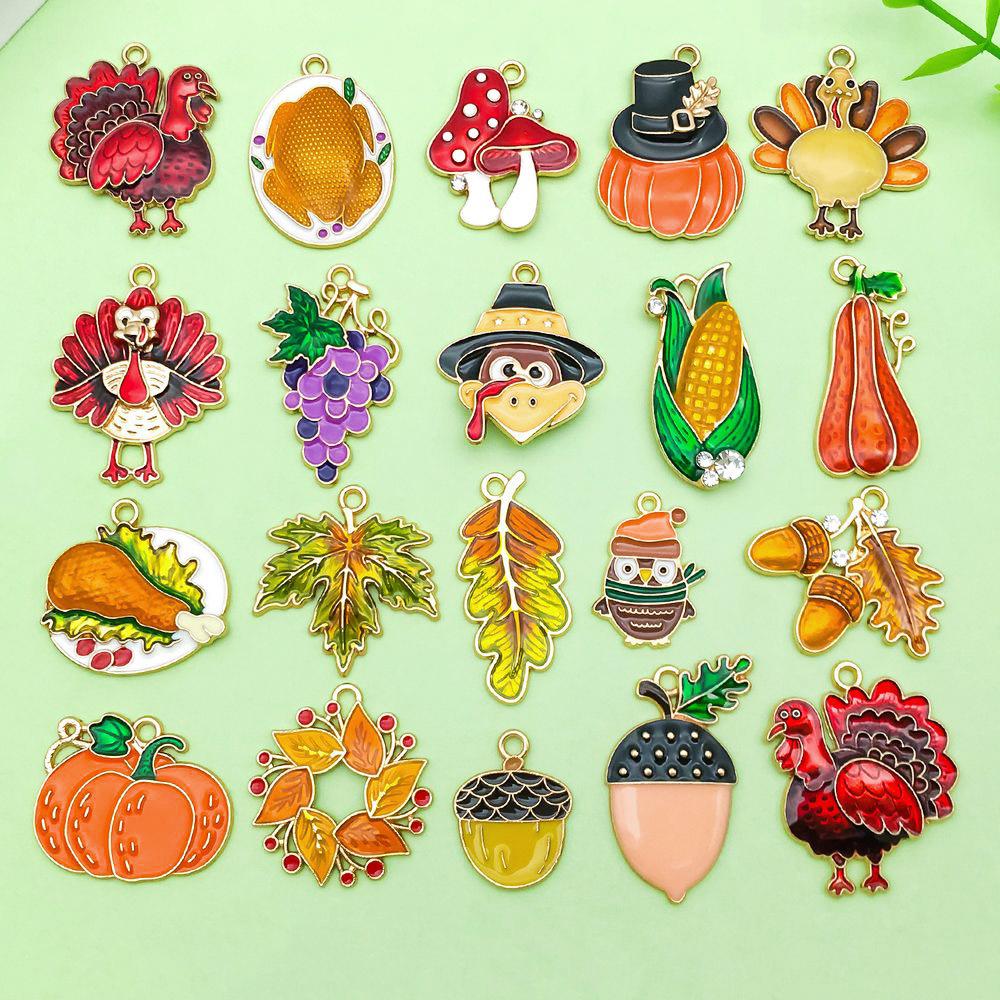 20pcs Thanksgiving Pendants: Colorful Enamel Pumpkin, Turkey, Maple Leaf Charms for DIY Jewelry Accessories