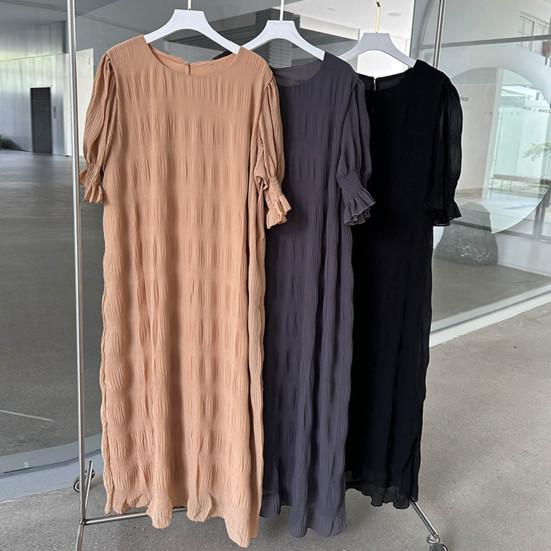 Lady Summer Dress Short Lantern Sleeves Chiffon Textured Loose Patchwork Ruffle Solid