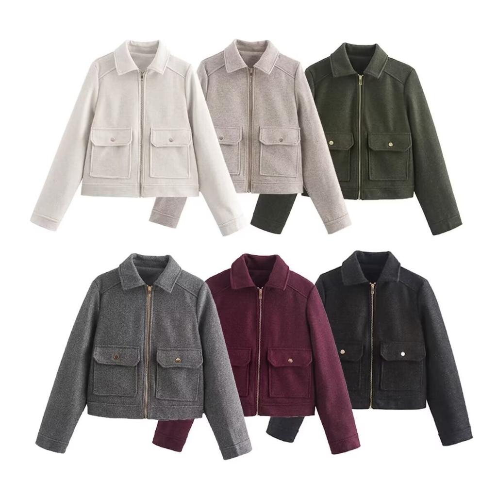 2026 spring new European and American cross-border women's clothing street fashion soft woolen zipper jacket with pockets w107 8779