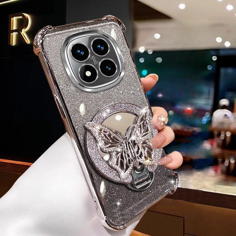 Glitter Butterfly Mirror Bracket Case For Xiaomi Redmi 14C Note 14 15 Pro Plus 15 15C 14S 4G 5G Shockproof Soft Silicone Cover