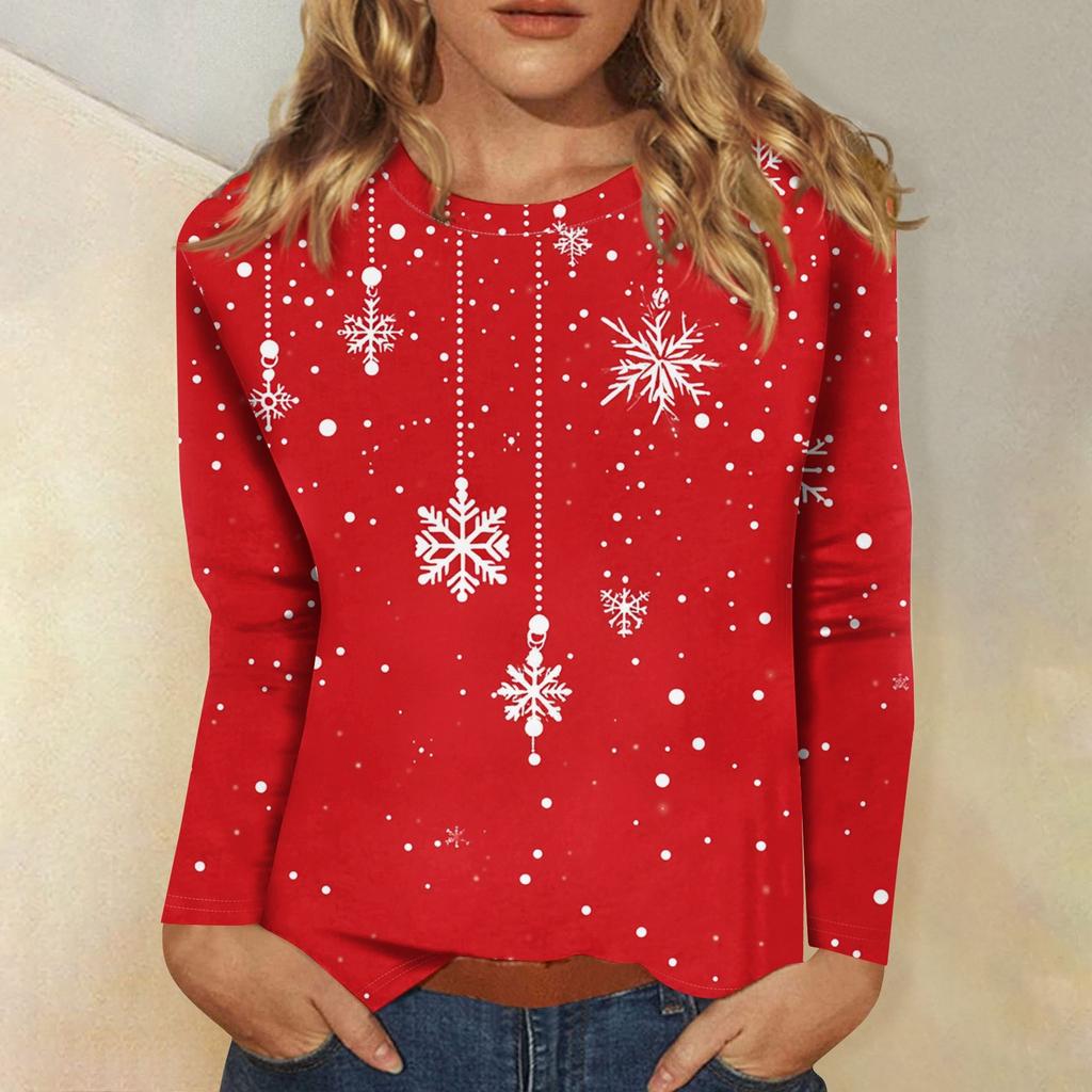 3D Christmas Snowflake Gradient Print Round Neck Long Sleeve T-shirt Casual Long Sleeve Top Party Loose Women's Top