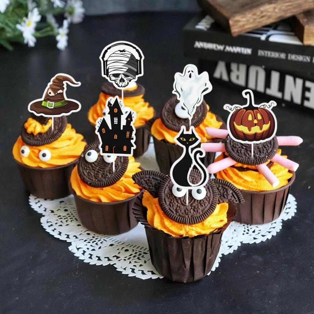 

12pcs Pumpkin Castle Bat Eyeball Cake Insertion Flag Cartoon Cake Decoration Home Decoration