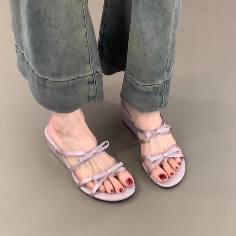 Soft Leather Version~ New Gentle Slope Heel Beautiful Outer Wear Cool Slippers Women's Thick Bottom One Pedal Bow Open-toed Sandals