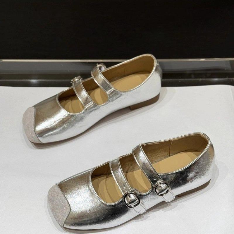 Soft-soled Soft-faced Low-heeled Single Shoes Autumn New Spliced Square-toe Shallow-mouth One-band Non-slip Low-top Shoes